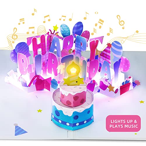 OSOMEPOP Birthday Card, Musical Birthday Cards with Light and Music, Blowable Candle 3D Birthday Popup Cards, Blow Out LED Light Candle, and Play Happy Birthday Song Card for Men and Women