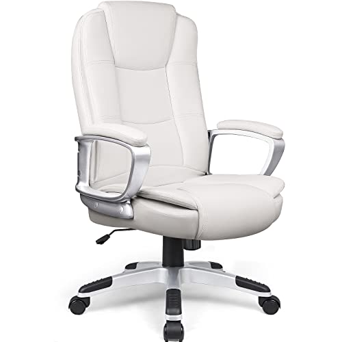 LEMBERI Office Desk Chair, Managerial Executive Chair, Big and Tall High Back Computer Chair, Ergonomic Adjustable Height PU Leather Chairs with Cushions Armrest for Long Time Seating (White)