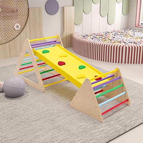 wonline 3 in 1 Triangle Climber with Ramp Wooden Toddler Climbing Triangle Toys for Sliding and Climbing, 3-Piece Set Play Equipment for Kids Boys Girls Toddler Gym Play Set