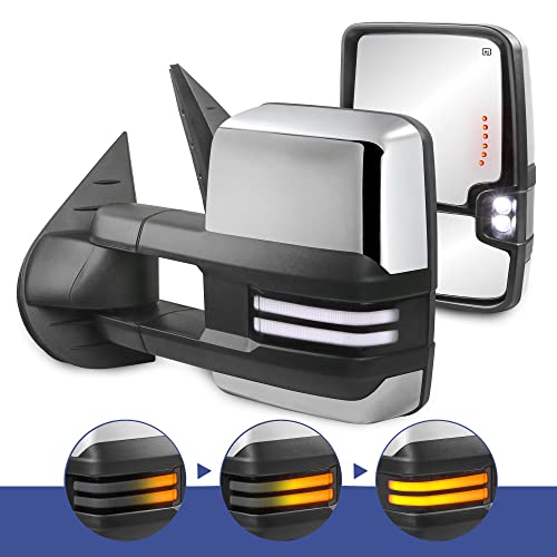 MOSTPLUS Power Heated Towing Mirrors Compatible with 2008-2013 Chevy Silverado Suburban Tahoe GMC Serria Yukon w/Sequential Turn light, Clearance Lamp, White Running Light(Set of 2)-Chrome