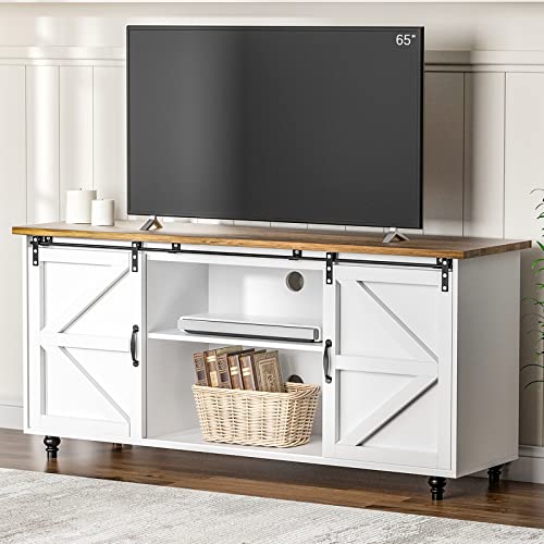 4 EVER WINNER Farmhouse TV Stand for 65+ Inch TV Entertainment Center with Sliding Barn Door, 65 Inch TV Stand for Living Room, Media Console Cabinet Television Stand for 55/65/75 TVs