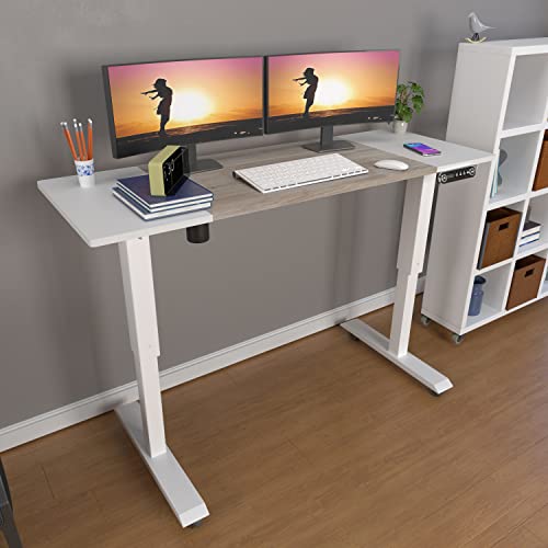 bilbil Height Adjustable Electric Standing Desk, Sit to Stand Desk Home Office Computer Desk, 55 x 24 Oak and White Top, White Frame