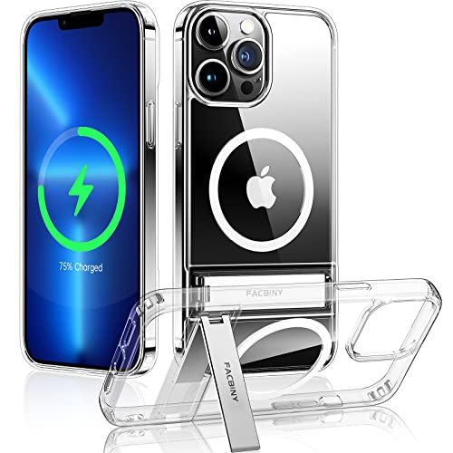 FACBINY Magnetic Metal Kickstand Clear Case Designed for iPhone 13 Pro Max 6.7 Inch [Compatible with Magsafe] [Anti-Yellowing] [3 Ways Stand] Shockproof Case for iPhone 13 Pro Max, Crystal Clear