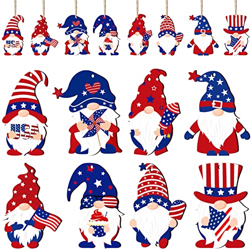 4th of July Gnome Ornaments Patriotic Tree Ornaments Independence Day Memorial Day Wooden Gnome Hanging Decor Red White Blue Leprechaun Cutouts Pendant for Home Party Supplies (24 Pieces)
