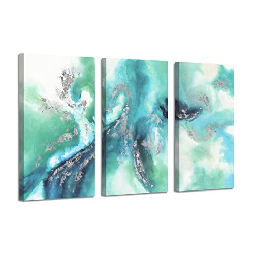 Studio+plus Bedroom Abstract Canvas Wall Art – 3 Pieces Living Room Painting Large Emerald Green Modern Pictures Turquoise Ocean Wave Textured Prints Contemporary Silver Foil Artwork for Home Office