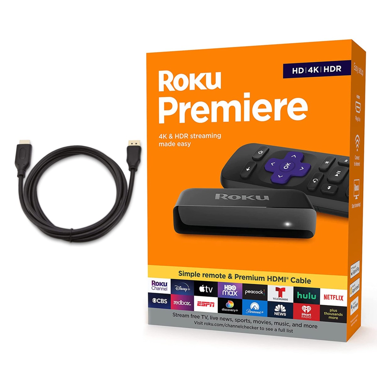 Roku Premiere Streaming Media Player HD/4K/HDR Simple Remote and Premium HDMI Cable, Black & Bundle Swanky Cables HDMI Cable, 3920R | The Storepaperoomates Retail Market - Fast Affordable Shopping