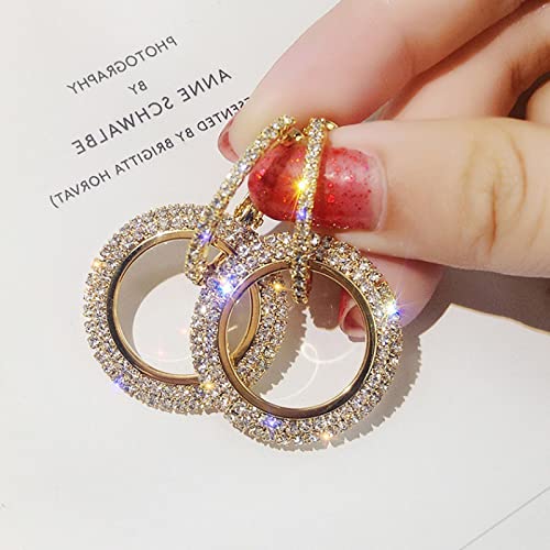 Earrings for Women Girls, Fashion Luxury Round Diamond Earrings Rhinestone Glitter Earrings, Diamond Hoops Earrings for Women (Gold)