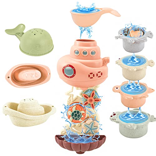 Bath Toys for Toddlers 1-3 Year Old Bathtub Water Toy,Kids Bathroom tub Toys Gifts for Boys Girls with 2 Strong Suction Cups,Lovely Sea Animals Submarine Stacking Cup,9PCS