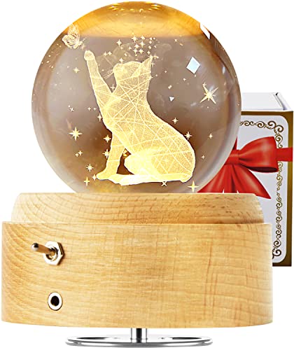 3D Crystal Ball Globe Cat Music Box with LED Night Light Lamp, Best Decor Gifts for Father Dad Husband Men Boyfriend Girlfriend Mom Women Wife Daughter Kids, Graduation Birthday Anniversary Wedding