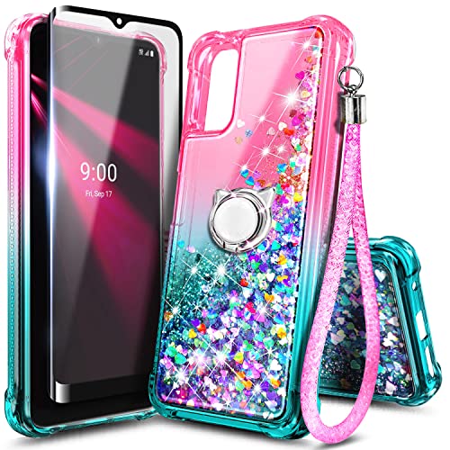 NZND Case for T-Mobile REVVL V (6.52″ 4G 2021) with Tempered Glass Screen Protector (Maximum Coverage), Ring Holder/Wrist Strap, Women Girls Sparkle Glitter Liquid Cute Case (Pink/Aqua)
