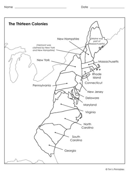 Thirteen Colonies Map – Labeled, Unlabeled, and Blank PDF