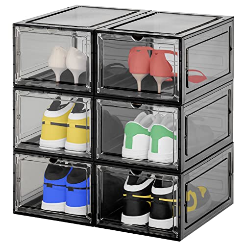 Labonida Shoe Boxes Clear Plastic Stackable, Shoe Organizer Box Containers with Lids, Sneaker Storage, Space Saving Bins Shoes Rack for Closet, Entryway, Room,Bathroom & Home Decor (Black, 6 Pack)