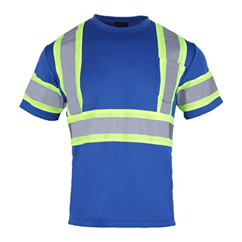 FONIRRA High Visibility Safety T Shirt for Men Reflective ANSI Class 2 Short Sleeve Hi Vis Construction Work Shirt with Black Bottom（Blue,XL）