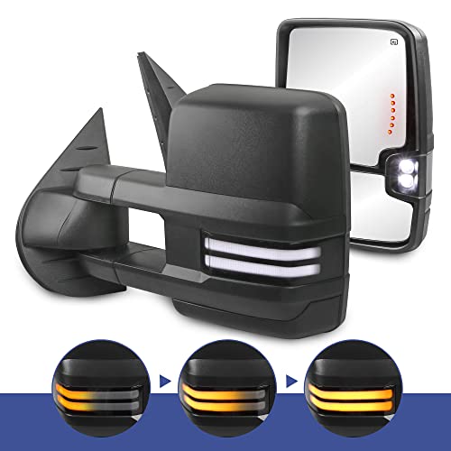 MOSTPLUS Power Heated Towing Mirrors Compatible with 2008-2013 Chevy Silverado Suburban Tahoe GMC Serria Yukon w/Sequential Turn Light, Clearance Lamp, White Running Light(Set of 2)-Black