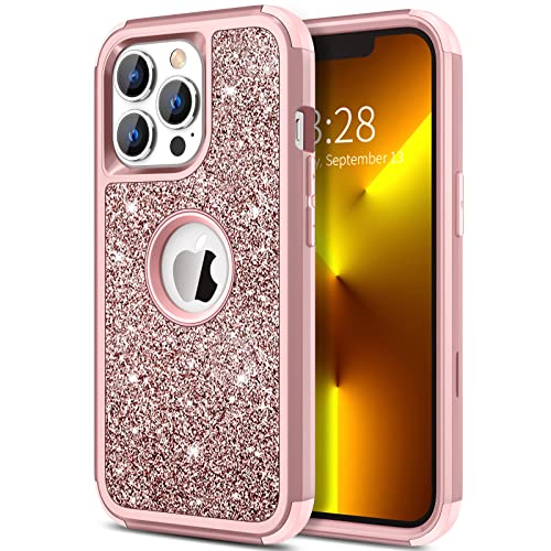 Hython Case for iPhone 13 Pro Max Case Glitter, Cute Shiny Bling Sparkle Cover, Heavy Duty 3 in 1 Hybrid Hard PC Soft TPU Bumper Full Body Shockproof Protective Phone Cases for Women Girls, Rose Gold