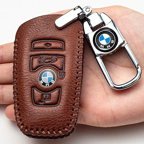 Alway Car Key Fob Cover Genuine Leather Full Protector key case with Keychain Replacement for BMW GT3 GT5 X3 X4 1 2 3 4 5 Series Key bag Smart Entry Key Holder,4 Buttons-Brown