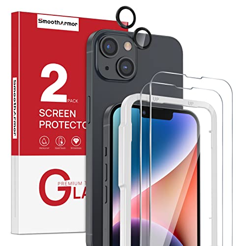 [2+2 Pack] SmoothArmor Screen Protector for iPhone 14 / iPhone 13 6.1 Inch with Camera Lens Protector, Tempered Glass, Alignment Tool, Anti-Scratch
