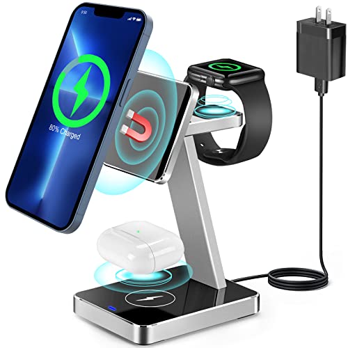 Aluminum Alloy 3 in 1 Magnetic Wireless Charger,15W Fast Wireless Charging Station Compatible with MagSafe Charger Stand iPhone 14 13 12 Pro/Pro Max/Mini/14 Plus,Apple Watch 8/7/SE/6/5/4/3,Airpods