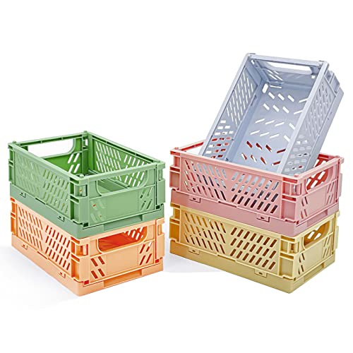 5-Pack Pastel Crates for Desk Organizers , Mini Plastic Baskets for Office Organization, Collapsible Crate Stacking Folding Storage Baskets for Home Kitchen Bedroom Bathroom Office (5.9″ x 3.8″）