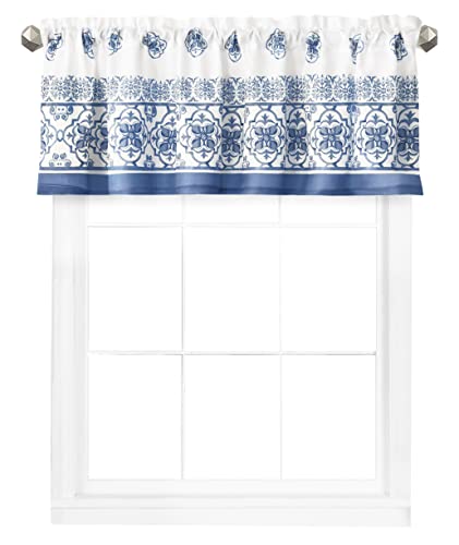 Newbridge Mykonos Blue Mediterranean Tile Print Bordered Window Curtain Valance, Blue Medallion Print, No-Iron Fabric Valance, 60” Wide x 15” Deep Valance