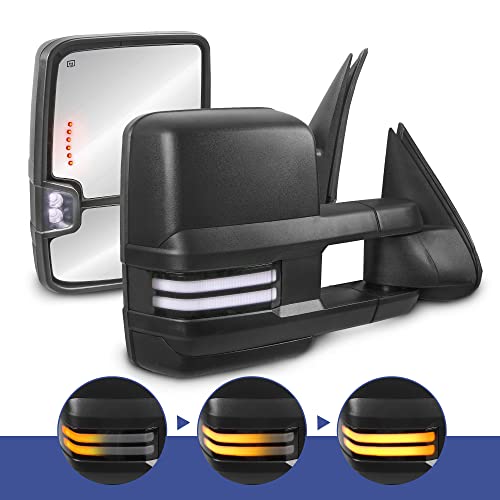 MOSTPLUS Power Heated Towing Mirrors Compatible with 1999-2002 Chevy Silverado Suburban Tahoe GMC Serria Yukon w/Sequential Turn Light, Clearance Lamp, White Running Light(Set of 2)-Black