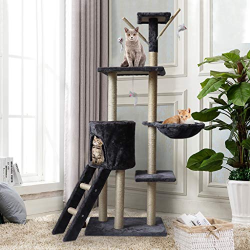 55 inches Cat Tree Tower, Cat Trees and Towers for Large Cats, Condo Furniture Scratching Toy with a Ball Activity, Cat Beds & Furniture Pet House Play with Cozy Perches