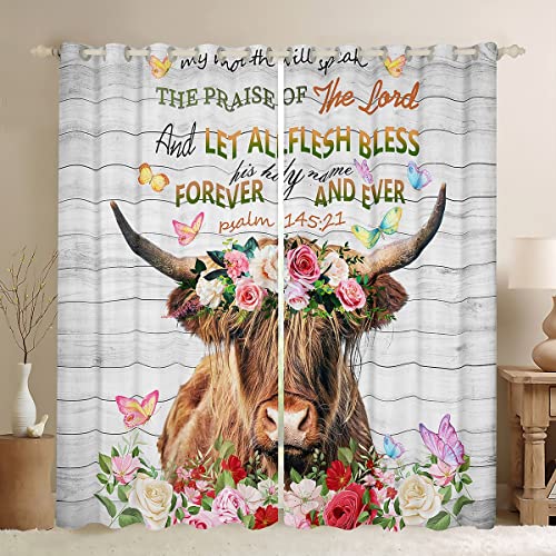 Feelyou Highland Cow Curtains Rose Highland Cattle Window Curtains for Bedroom Living Room for Kids Boys Girls Bull Cattle Window Drapes Botanical Floral Window Treatments 42W X 63L，2 Panels