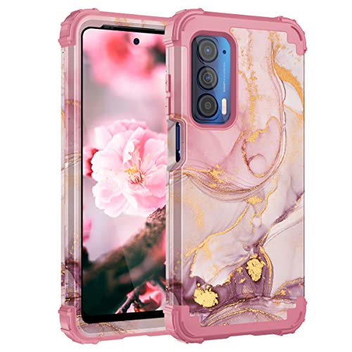 Casewind Case for Moto Edge 2021 Case,Case for Moto Edge 5G UW Case,Marble Rose Gold Women 3 in 1 Hard PC Silicone Rugged Bumper Heavy Duty Shockproof Antiscratch Protective Case for Motorola Edge UW