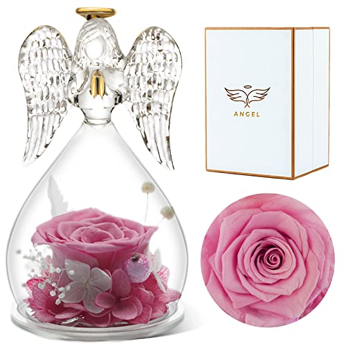 Angel Rose Figurines Angel Gifts for Women, Preserved Real Rose Glass Angel Gifts for Her Grandma Mom, Angels Figurines Guardian Unique Gifts Valentine Mothers Day Birthday Thanksgiving Gift – Pink