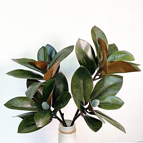 32 Inch Magnolia Artificial Leaves Branches 3D Plastic Printing Houseplant Plant Indoor Outdoor Home Decor (Dark Green – Pack of 2)