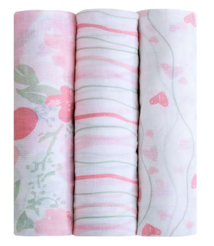 Little Grape Land, Pack of 3 Muslin Swaddle Blankets for Girls Soft Swaddle Wrap Breathable Baby Receiving Blankets for Newborn, 47×47 inches (Crystal Rose)