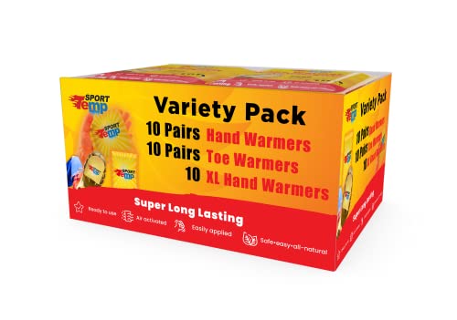 Hand, Toe, & Large Body and Hand Warmers – Variety Pack, 10 Pairs Hand Warmers, 10 Pairs Toe Warmers with Adhesive, 10 Large Hand & Body Warmers – Air Activated – Odorless Hot Hand – Sport Temp