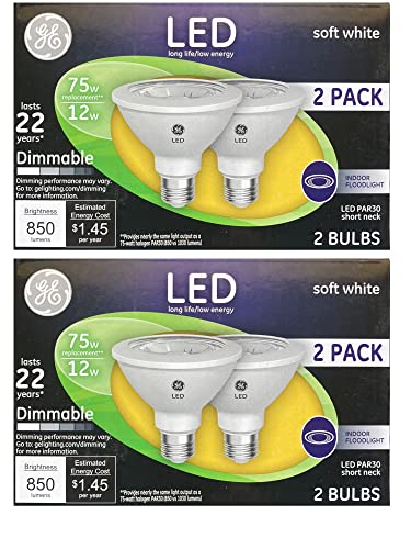 (4 Bulbs) GE 96924 PAR30 Short Neck LED 12 Watt (75 watt Equivalent) 850 Lumen, Dimmable Indoor Floodlight with Medium Base, Soft White Light Bulb