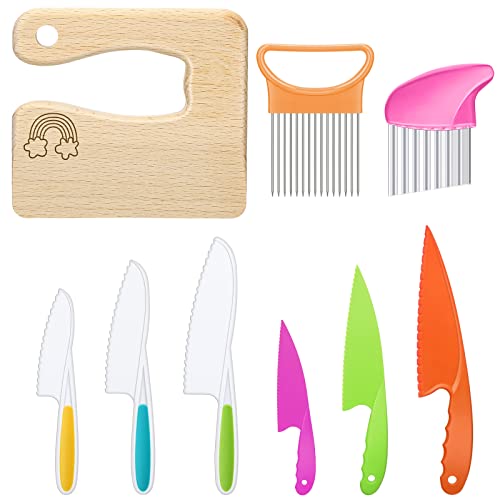 9 Pieces Wooden Kids Kitchen Knife, Include 6 Pieces Kids Plastic Knife Wooden Kids Knife Potato Slicers and Onion Slicer Wood Kids Knife Kids Plastic Knife for Kitchen (Rainbow Style)