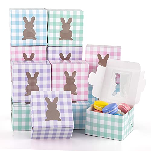 Whaline 24Pcs Easter Treat Boxes Pink Green Blue Purple Buffalo Plaid Cardboard Box with Rabbit Bunny Shape Window Spring Holiday Paper Gift Container for Cookie Goodie Candy Sweet Party Favors