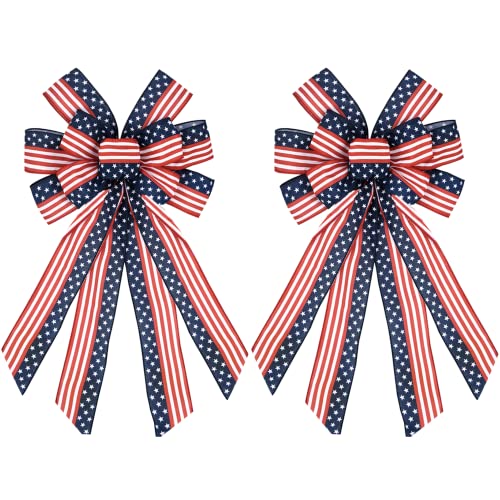 2 PCS Large Patriotic Bow Wreath 4th of July Decor American Flag Bow for Indoor Outdoor Red with Blue Stars Bunting Wreath Holiday Independence Day Party and All Kinds of Holiday Backdrops Decorations
