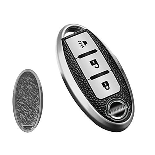 Xotic Tech Silver TPU Grainy Leather Texture Key Fob Shell Cover Case, Compatible with Nissan Murano Rogue TIIDA Pathfinder 370Z Leaf 3-Button Smart Keyless Entry Key