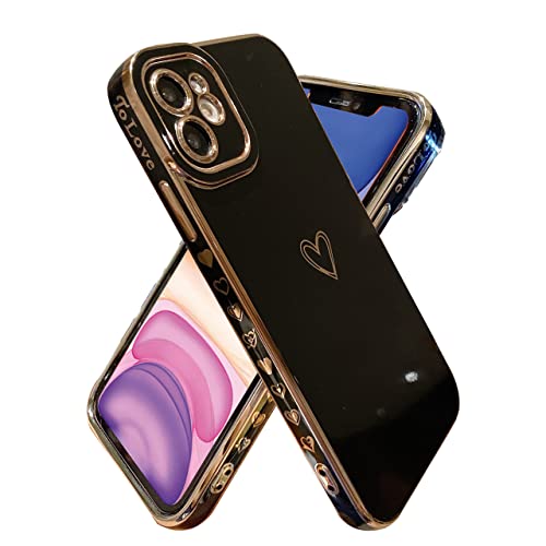 ZSYTZL Compatible with iPhone 12 Case for Women Girl,with Cute Love Heart Luxury Plating Full Camera Protection Bumper Soft Shockproof Case for iPhone 12(Black)