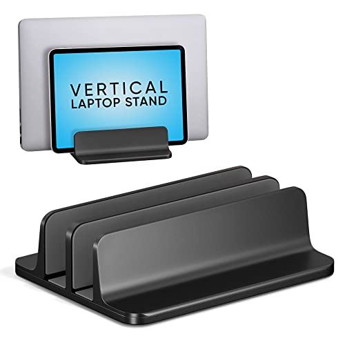 Kuzy Laptop Vertical Stand – MacBook Vertical Stand Upright – Vertical Laptop Holder Desk Stand, Closed Mac Dual Laptop Stand MacBook Holder Stand for Desk – Vertical Laptop Stand 2 Slot, Black