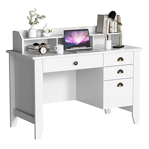 Computer Desk with Drawers and Hutch, Wood Home Office Desk White Executive Desks with Storage Shelf Writing Study Table with File Drawer for Teen Student Home Office Laptop Desk Bedroom (White) | The Storepaperoomates Retail Market - Fast Affordable Shopping