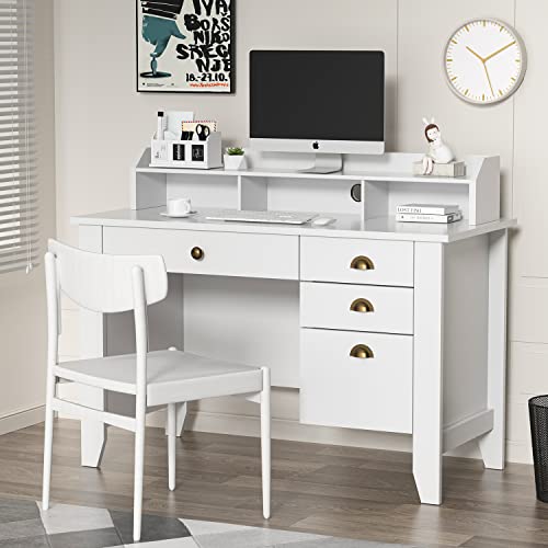 Computer Desk with Drawers and Hutch, Wood Home Office Desk White Executive Desks with Storage Shelf Writing Study Table with File Drawer for Teen Student Home Office Laptop Desk Bedroom (White) | The Storepaperoomates Retail Market - Fast Affordable Shopping