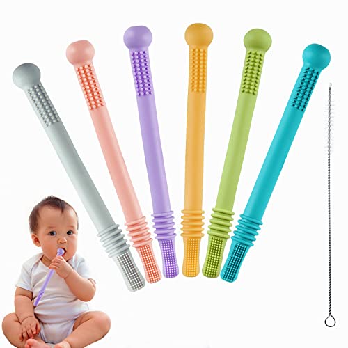 Chuya 6 Pack Hollow Teether , Silicone Tubes Baby Teether Toys, Chew Straws Toy for 3-12 Months Babies Molars, Teething Gel with a Cleaning Brush,BPA Free /Freezable,Dishwasher Safe,Easy to Clean