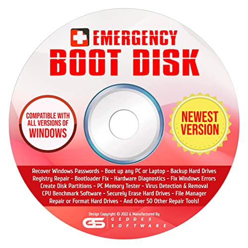 Geddes Emergency Boot Disk Software for Windows 11, 10, 8, 7 Vista, XP, 2000, 98 All in One PC Repair and Diagnostics DVD Tool Works On All Brands of Desktop and Laptop PC Latest Version