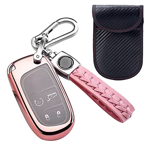 For Jeep Key Fob Cover With Leather Keychain, Soft TPU Key Fob Case for Cherokee Grand Cherokee Compass Renegade Chrysler 200 300 Dodge Charger Challenger Smart Key Case (Pink)