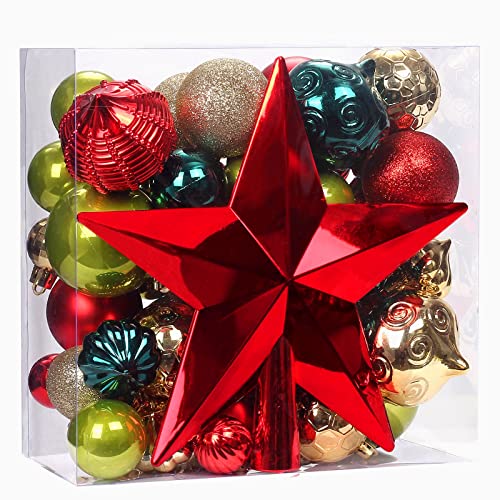 Christmas Ornaments 2022 , 52 Pack Red Green Gold Christmas Tree Ornaments Set with Shatterproof Hanging Decorative Baubles and Star Tree Topper Christmas Decoration for Tree Home Office Party Holiday