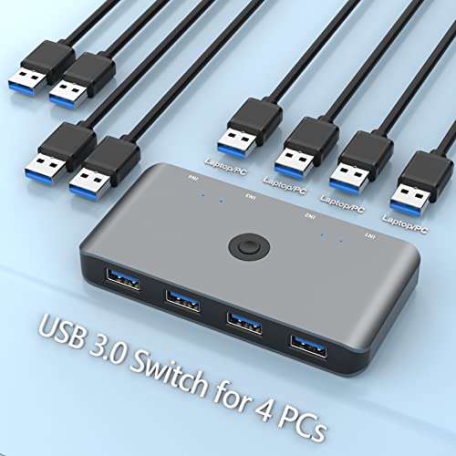 USB 3.0 Switcher Selector 4 Computers Sharing 4 USB Devices Aluminum KVM Switch Hub Adapter for Mouse Keyboard Scanner Printer PC, KVM Console Box with One Button Swapping and 4 Pack USB Cable