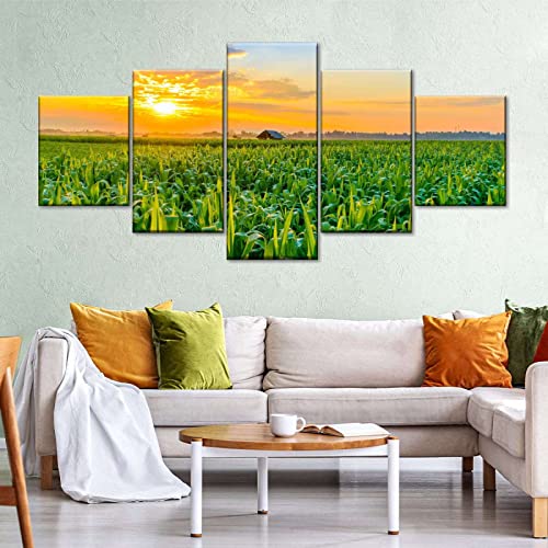Canvas Wall Art Abstract Cornfield Sunset Scene Pictures Modern Painting, Large Size Prints Framed 5 Panels Artwork for Living Room Bedroom Home Office Decor (60″ W x 32″ H)