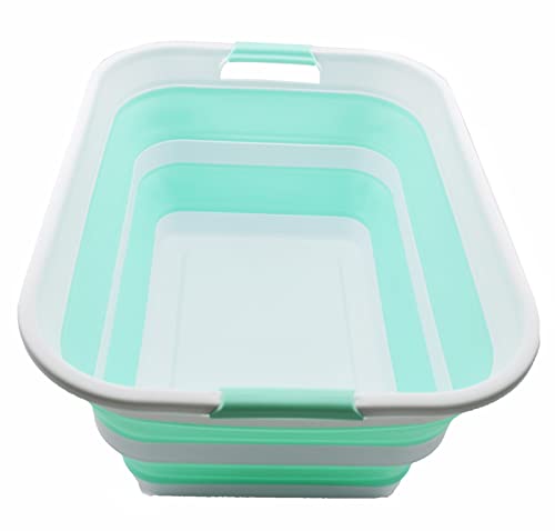 SAMMART 42L Collapsible Plastic Laundry Basket – Foldable Pop Up Storage Container / Organizer – Portable Washing Tub – Space Saving Hamper / Basket (White/Light Green, 1)