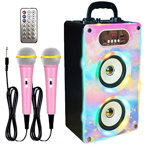KaraMuizi Bluetooth Karaoke Machine for Kids and Adult, Wooden Wireless Speaker with LED Music Speaker MP3 Player with 2 Microphones for Party Birthday Gift (Cloud)