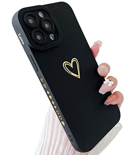 Qokey for iPhone 12 Pro Max Case 6.7″, Side Back Cute Plated Love Heart with Anti-Fall Lens Cameras Cover Protection Soft TPU Shockproof Anti-Fingerprint Phone Cases for Women Girls Men Black